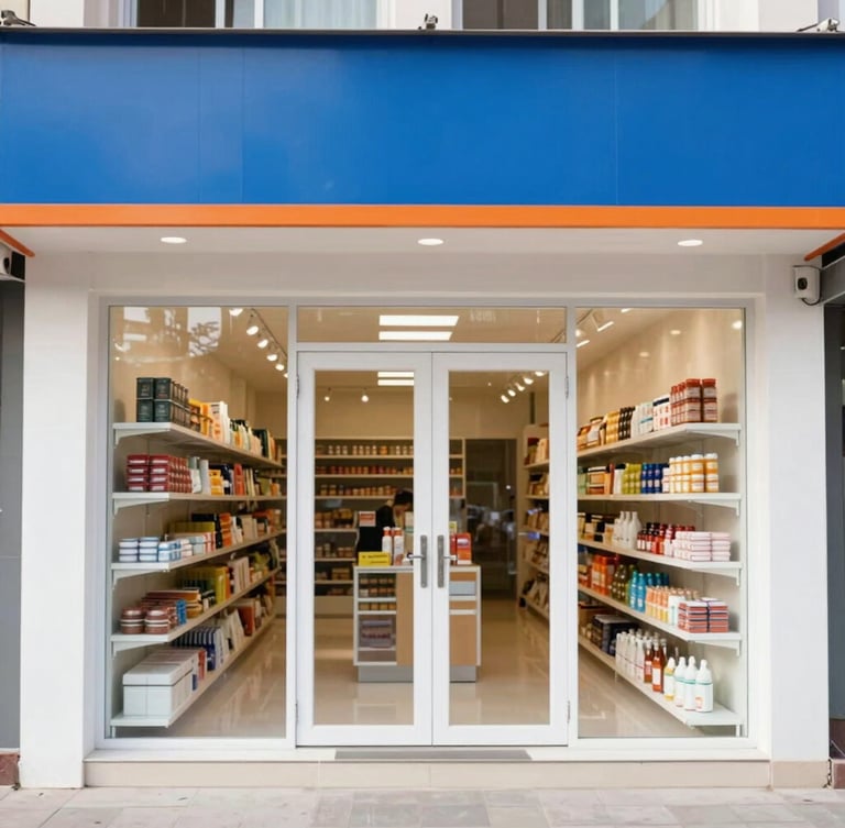 A clean, bright storefront of a local Indian retail shop during daytime, showing high-key natural lighting, sharp focus