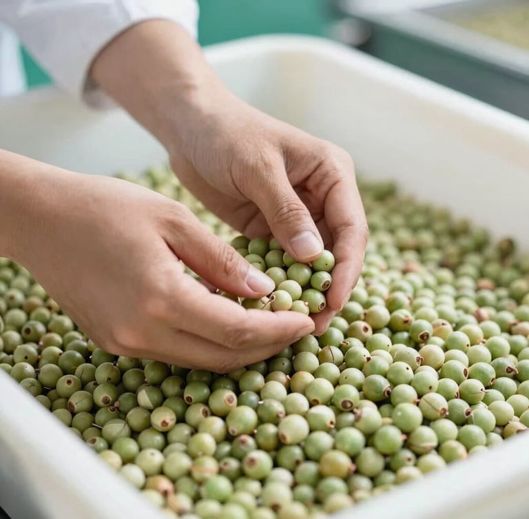 Close-up of hands sorting raw makhana seeds in a bright, clean, hygienic processing facility, natural daylight, professional agricultural setting