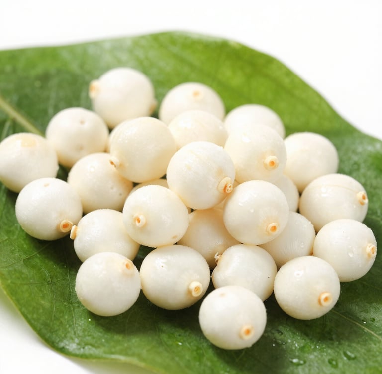 Macro shot of freshly popped snow-white makhana seeds resting on a clean dark green leaf, bright natural daylight, crisp detail, 50mm lens
