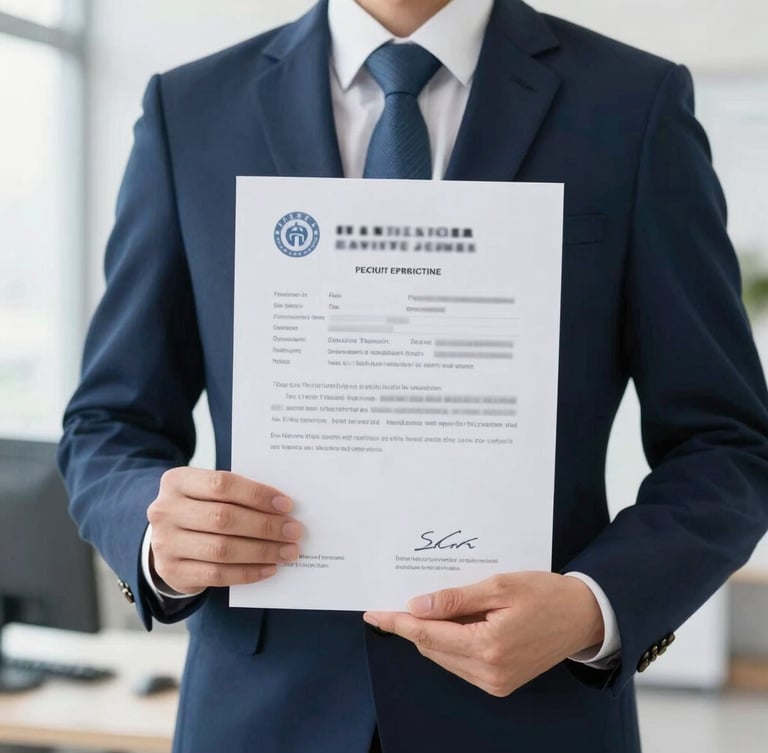 Close-up of a professional agent holding official registration documents with blurred private text, clean corporate office setting, bright natural light