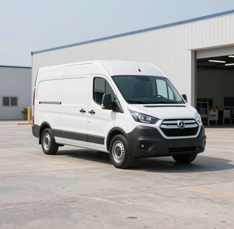 A clean modern commercial delivery van parked in a bright, neutral daylight NCR logistics park, sharp focus, 35mm