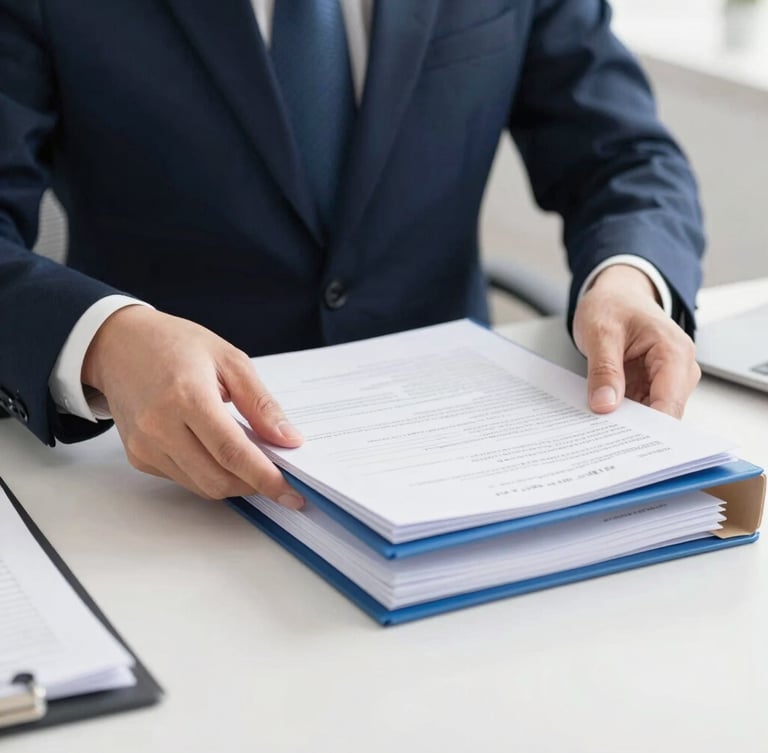 A close-up of a professional agent's hands organizing neat official document folders on a clean desk, bright neutral daylight, 35mm focus