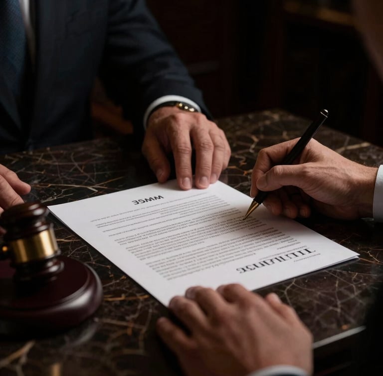 Dramatic low-key close-up of a legal partner's hands signing a complex corporate contract on a dark marble table, focused side-lighting, deep shadows, rich dark tones, 35mm
