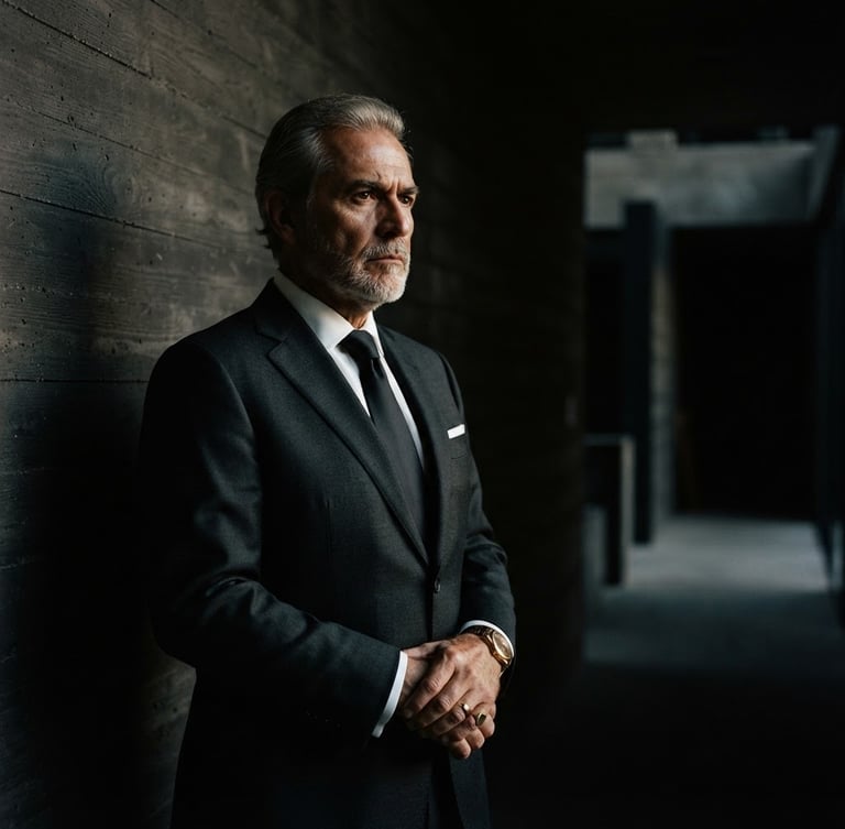 Low-key dramatic portrait of a senior attorney in a bespoke dark suit, side-lit with deep shadows, standing in front of a modern concrete wall in León, cinematic lighting, 35mm