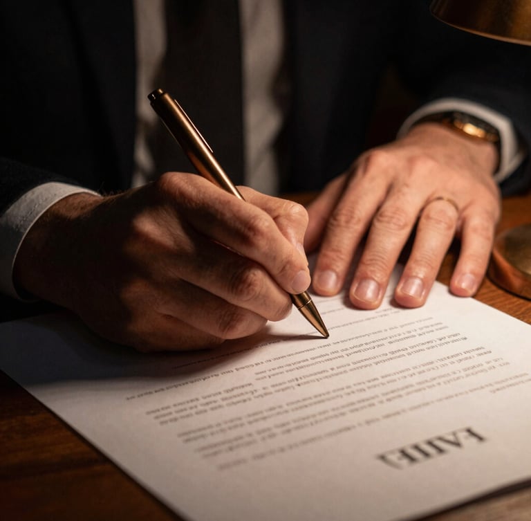 Macro close-up of hands signing a high-stakes corporate contract under a focused warm desk light, deep shadows, rich dark tones, bronze accents