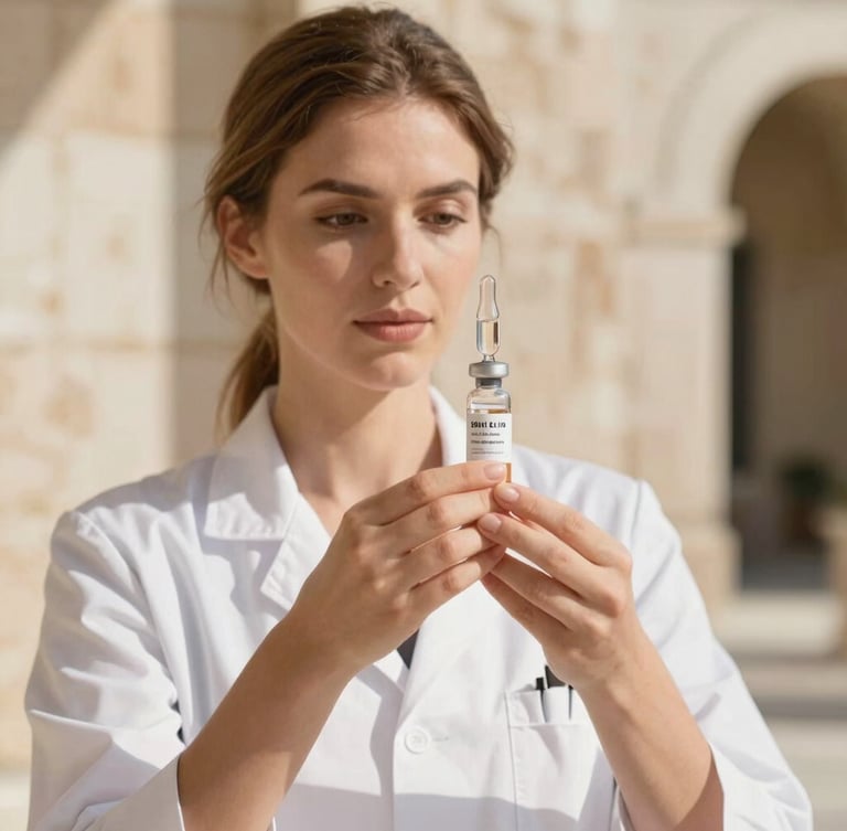 Editorial portrait of a female medical professional with hands preparing an elegant glass vial, warm Mediterranean daylight, soft limestone background, shallow depth of field, 35mm.