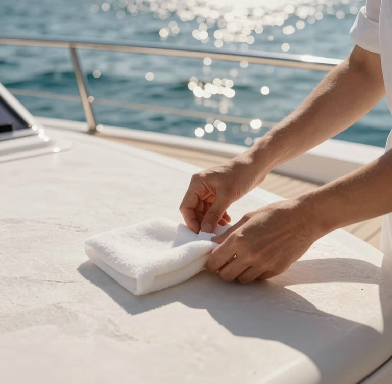 Warm luxury editorial photography of professional hands preparing a treatment on an elegant yacht deck, sun-dappled Mediterranean water in the background, soft shadows, 35mm