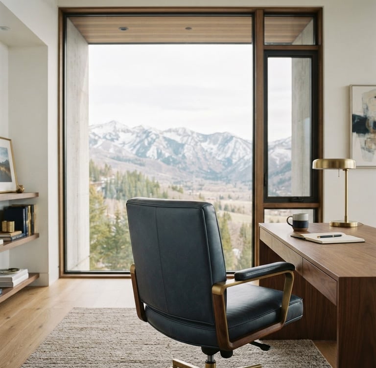 Quiet, high-end architectural workspace, soft mountain daylight, expansive white space, a single empty executive chair facing a large window overlooking a serene Park City landscape, muted navy and gold tones, shallow depth of field.
