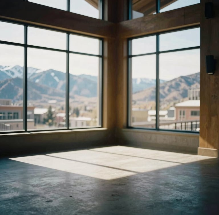 A quiet, high-end architectural interior space in Park City, Utah, with natural light streaming through large windows overlooking a snowy mountain landscape, empty, soft mountain daylight, muted navy and gold tones, shallow depth of field, 35mm.
