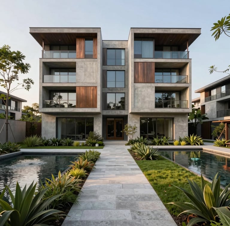 Wide architectural shot of a modern concrete and bronze residential building integrated seamlessly with mature green pathways and water features under soft morning light.