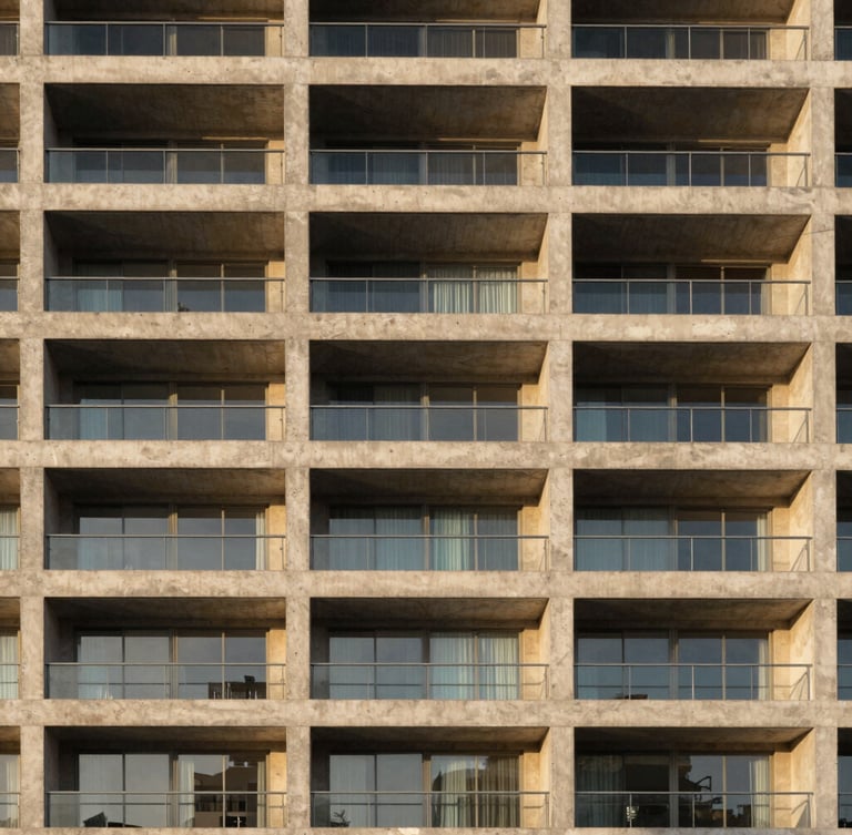 Wide panoramic architectural detail of a concrete and glass residential facade in Santa Catarina, soft golden hour light casting long shadows, minimalist composition, raw premium materials.