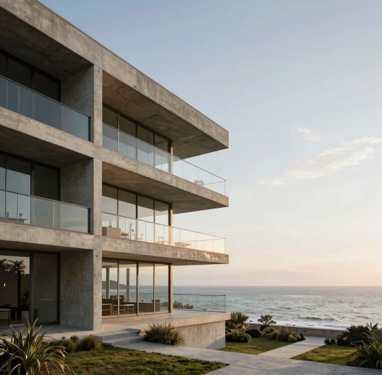 Wide-angle architectural view of a minimalist concrete and glass facade facing the Porto Belo sea, morning diffused light, soft golden hour shadows, high-end residential structure integrated with nature, negative space on the right.