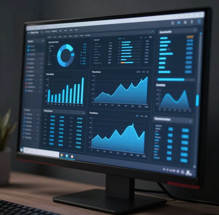 Macro shot of a high-fidelity dark mode analytics dashboard on a sleek monitor, glowing blue graphs and metrics, cool studio lighting, sharp focus