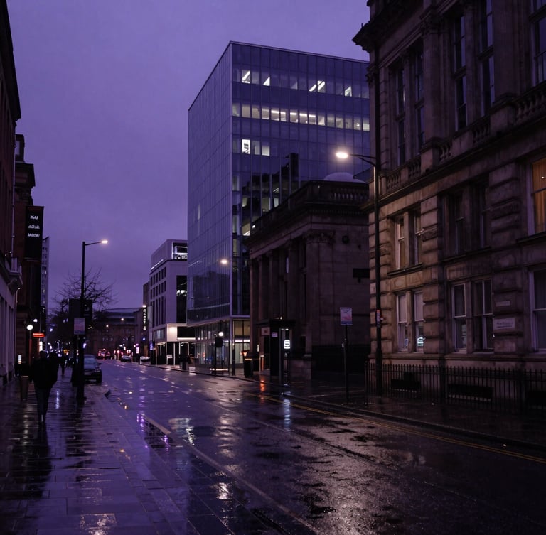 Moody environmental shot of Belfast's urban business landscape at dusk, wet streets reflecting violet neon lights, high contrast, 35mm
