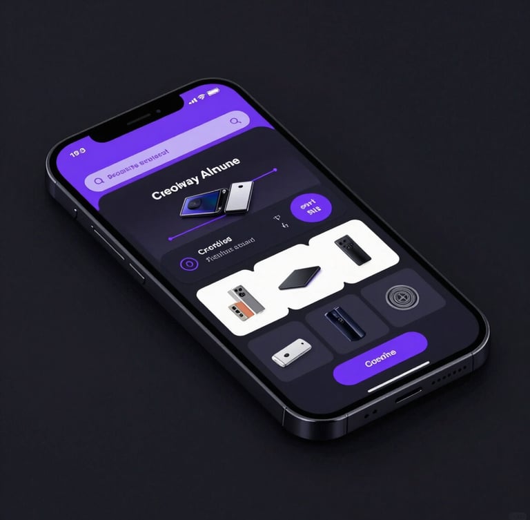 Crisp screenshot of a responsive digital storefront on a mobile device, dark-mode interface with violet accents, sharp focus, low-key lighting