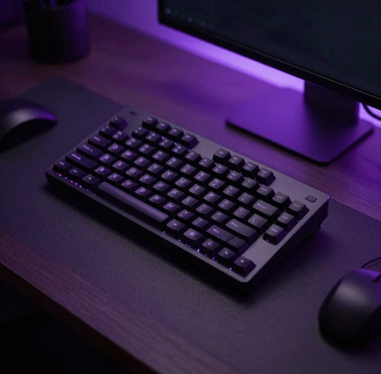 Close-up of a modern workspace in Belfast, moody low-key studio lighting with subtle violet ambient backlighting, high-contrast shadows, 35mm
