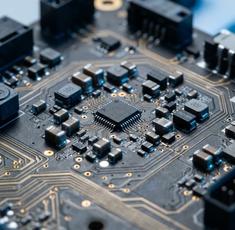 Macro photography of a ruggedized printed circuit board with clean solder joints and copper traces, cool blue laboratory LED lighting, sharp shadows, technical elevation