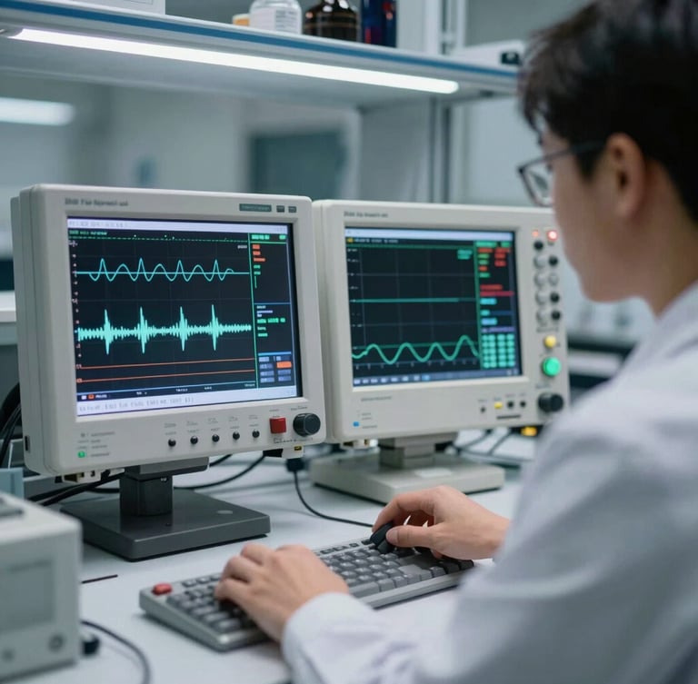 A clean laboratory environment with an engineer analyzing real-time diagnostic waveforms on an oscilloscope screen, cool white LED lighting, sharp technical focus