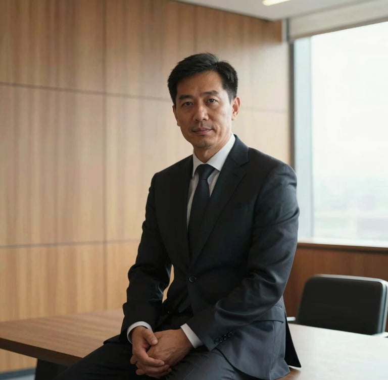 A high-contrast professional portrait of a male operations executive in his 40s, dark suit, no tie, sitting in a modern warm-toned architectural office, natural window light from the side, clean composition.