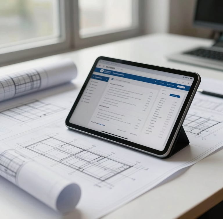 A close-up of a clean, modern workspace with architectural blueprints and a tablet showing a clean business dashboard under natural morning window light.