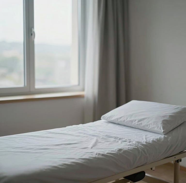 A peaceful, minimalist postpartum recovery room with soft-focus textiles, overcast natural light coming through a window, neutral tones