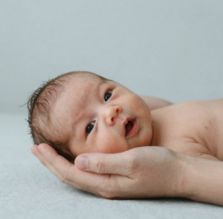 Close-up of hands gently supporting a newborn baby, soft diffused daylight, warm neutral textiles, minimalist editorial photography