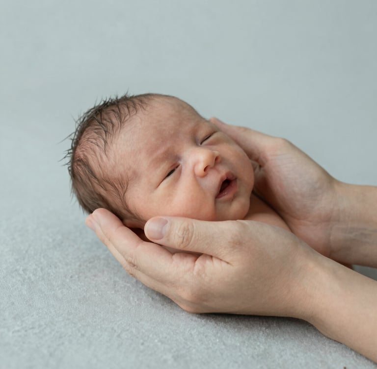 Close-up of hands gently supporting a newborn in soft, diffused daylight, neutral textiles, minimalist editorial photography