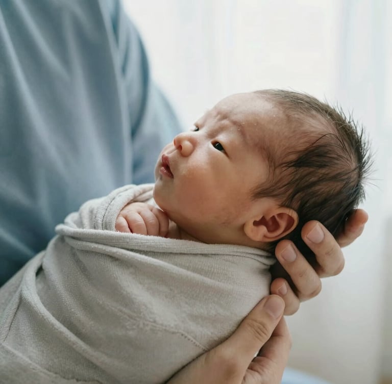 Close-up of hands gently supporting a newborn wrapped in soft neutral textiles, diffused overcast daylight, shallow depth of field