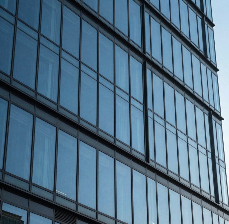 Abstract architectural detail of a modern glass skyscraper facade reflecting a clear blue sky, sharp angles, high contrast lighting, minimalist composition.