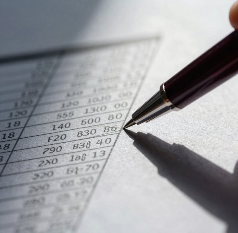 Extreme close-up of a dark pen pointing at a complex amortization table on textured financial paper, sharp architectural shadows, cool daylight.