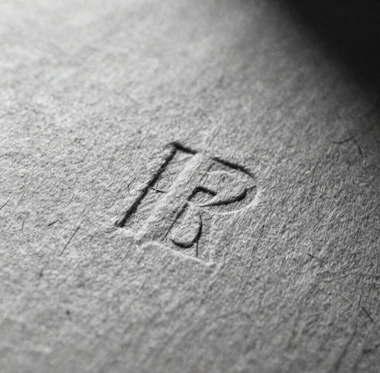 Macro close-up of heavy, textured cotton paper with deep letterpress indentation, stark shadows, high contrast black and white film photography, 35mm grain