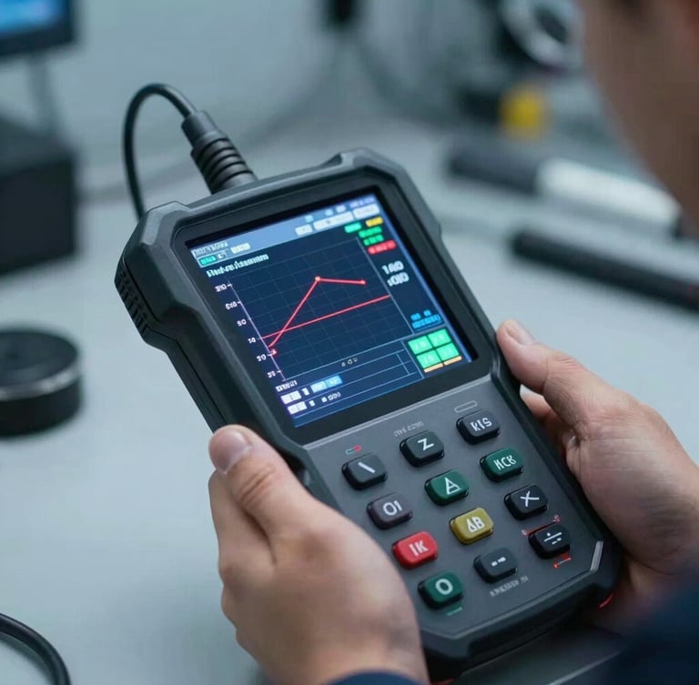 Macro close-up of a modern automotive diagnostic scanner screen displaying real-time live data graphs, high-contrast studio lighting with cool blue tones and a sharp red reflection line, hands-on master technician holding the device in a clean workshop bay.