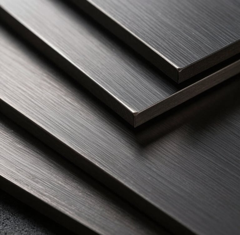 Macro photograph of dark brushed steel plates overlapping with geometric precision, sharp angles, dramatic studio lighting, deep shadows