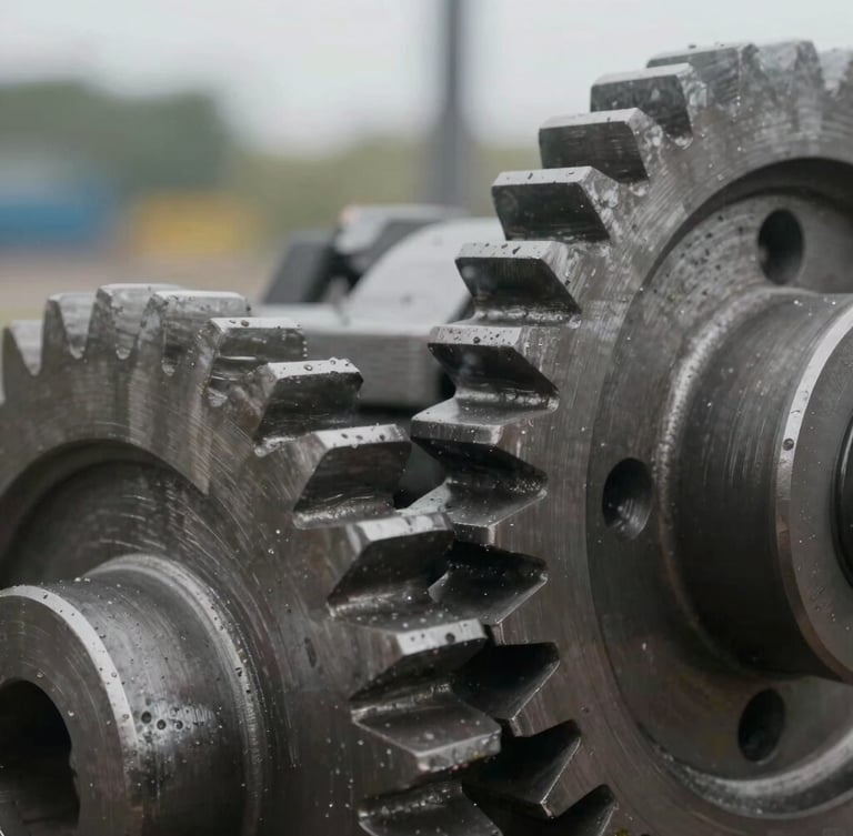 Macro shot of heavy industrial steel gears, softly lit by natural overcast daylight, focus on the metallic texture and precision craftsmanship.