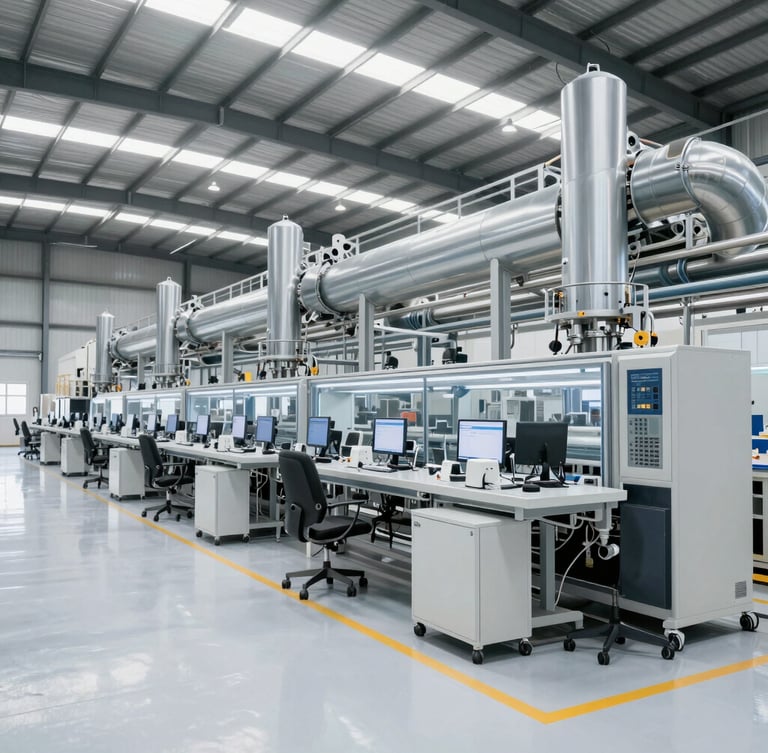 Wide environmental shot of an active, clean German manufacturing shop floor, soft natural overcast daylight streaming through high windows, realistic deep shadows, focusing on precise physical machinery.