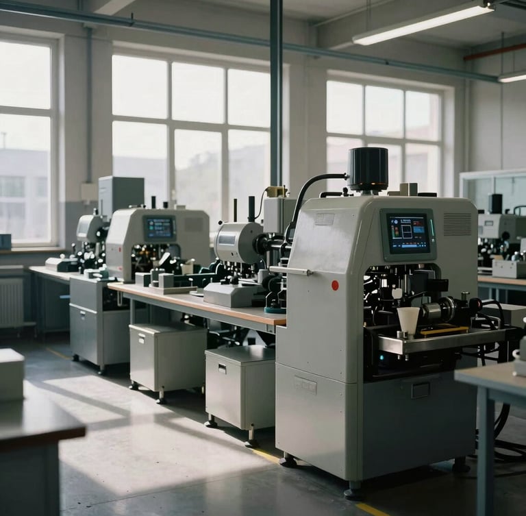 Wide environmental shot of an active, clean German manufacturing shop floor, soft natural overcast daylight streaming through high windows, realistic deep shadows, focusing on precise physical machinery.