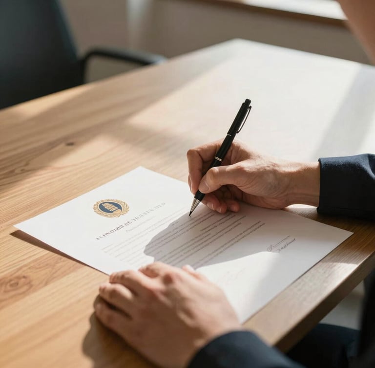 Close-up of hands signing an official certificate on a wooden desk, warm natural morning light, elegant high-contrast institutional photography, 35mm