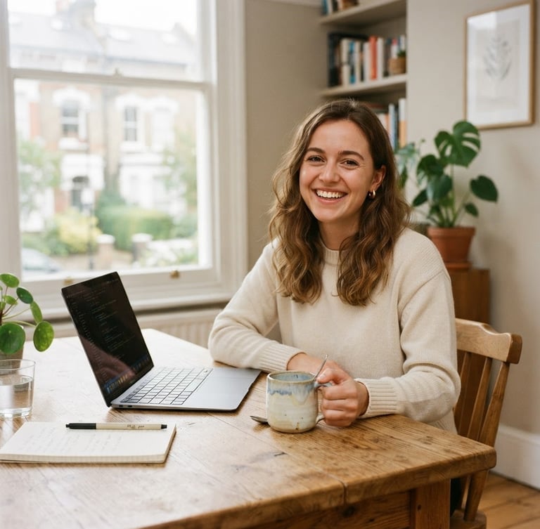 A bright, high-key portrait of a young professional sitting at a wooden dining table in a sunlit London flat, smiling, with a laptop and a ceramic mug, soft natural light, 35mm.
