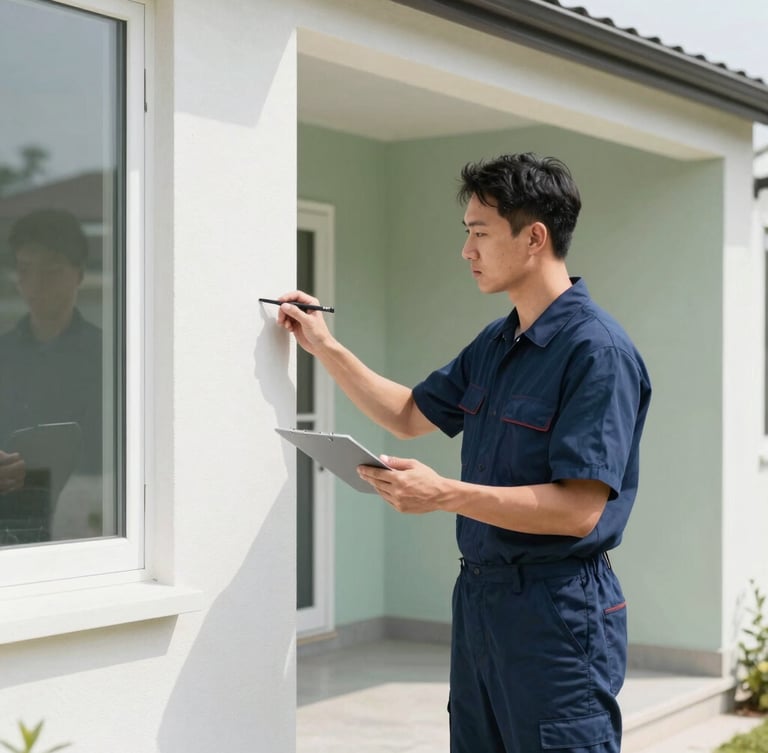 A professional technician in a clean navy uniform inspecting a modern home exterior perimeter in bright, high-key daylight, 35mm photography