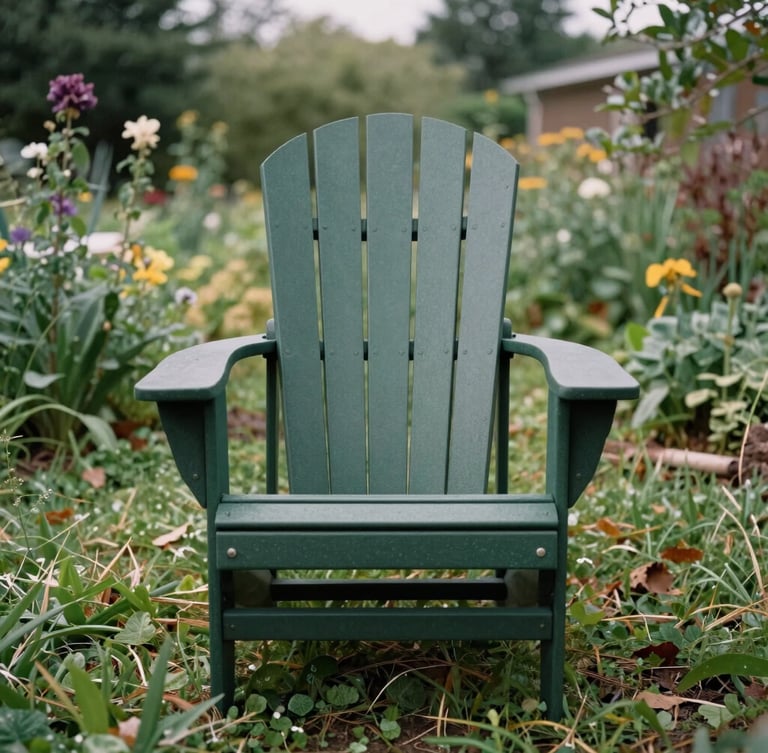 Straight-on, eye-level product portrait of a heavy-gauge dark green Adirondack chair in a lush, slightly overgrown northern garden under soft overcast daylight, 35mm