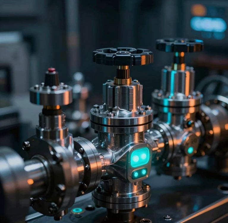 Extreme macro shot of a heavy industrial pneumatic valve manifold, electric cyan LED status lights reflecting on clean metallic surfaces, dark high-tech environment, sharp 50mm lens focus.