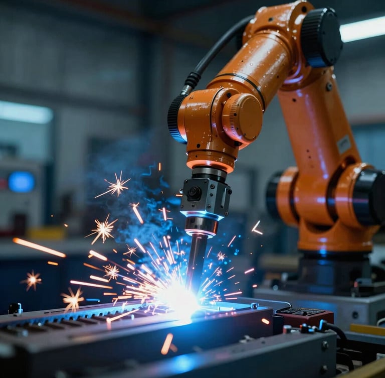 Extreme close-up of an industrial robotic arm welding with bright electric sparks, cool blue LED ambient lighting, dark high-tech factory background, macro detail, 50mm lens