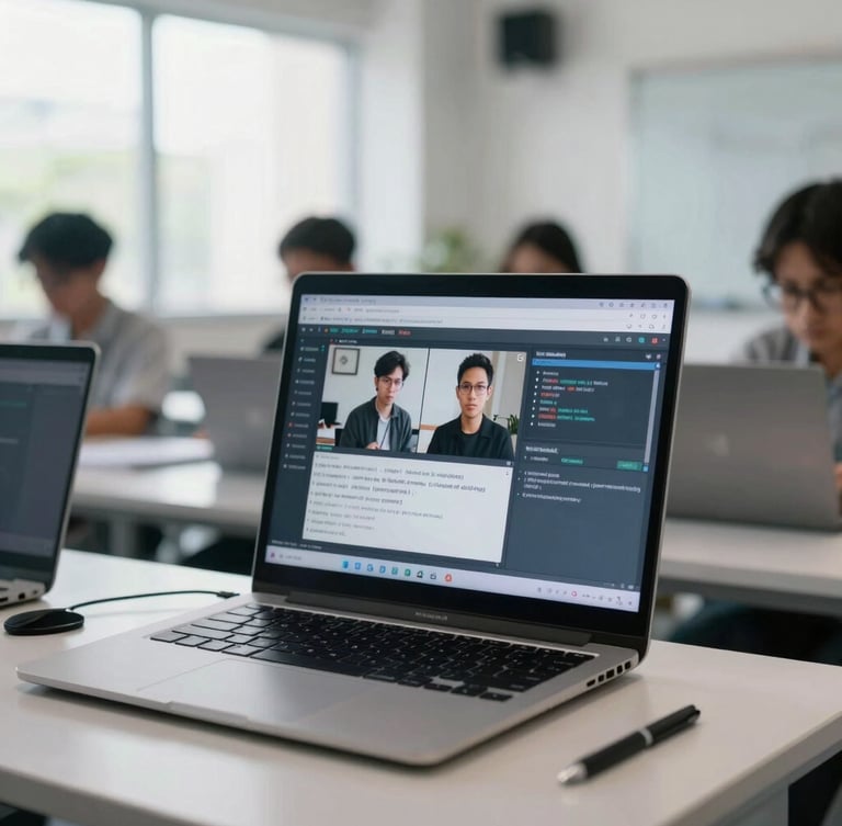 A close-up of an Indonesian digital journalism training workshop, professional editorial photography, sharp natural office lighting.