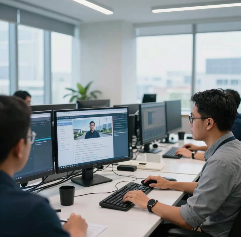 Professional editorial photography of a modern digital newsroom in Jakarta, journalists working at desks with multiple screens, crisp natural light, cool blue tones, 35mm lens.