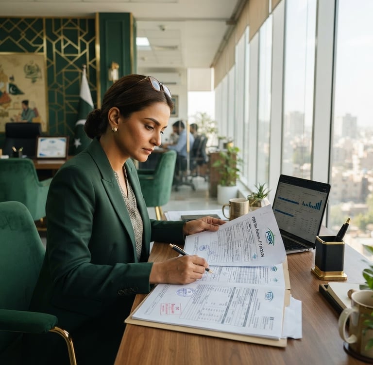 Professional Pakistani tax consultant reviewing FBR documents in a modern office, bright daylight, gold and green accents, sharp focus, editorial style
