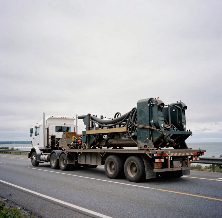 Industrial documentary photography of a large flatbed truck carrying heavy machinery driving on a highway, with a New England coastline visible in the background, overcast daylight, gritty desaturated tones, low-angle wide shot, 35mm film grain