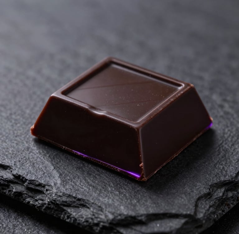 Extreme close-up of a glossy, geometric dark chocolate break with a thin violet neon rim light, resting on a textured slate surface, dark-key, macro lens, 85mm
