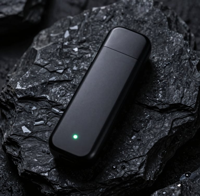 Overhead macro shot of a sleek matte black disposable vape pen with a subtle glowing green indicator light, resting on obsidian stone, dramatic studio lighting, deep shadows