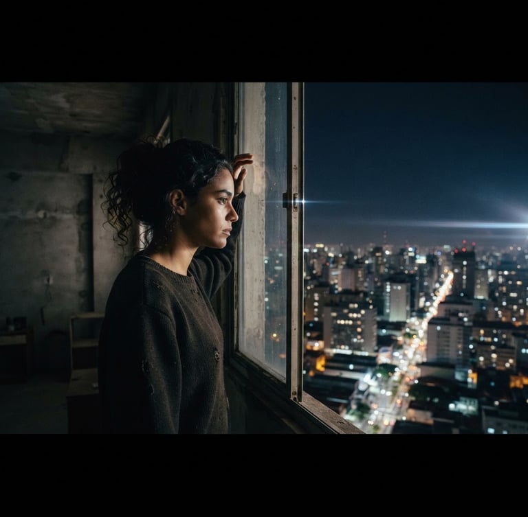 Cinematic film still from Margem Derivada, a young woman looking out of a concrete apartment window at the sprawling nocturnal São Paulo skyline, dramatic low-key lighting, anamorphic lens flare, high contrast, rich color grading, moody atmosphere.