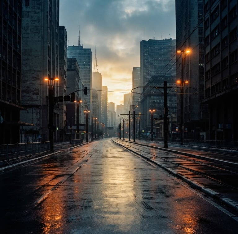 Cinematic film still of a deserted São Paulo street at dawn, misty golden light reflecting on wet asphalt, 35mm texture, high contrast